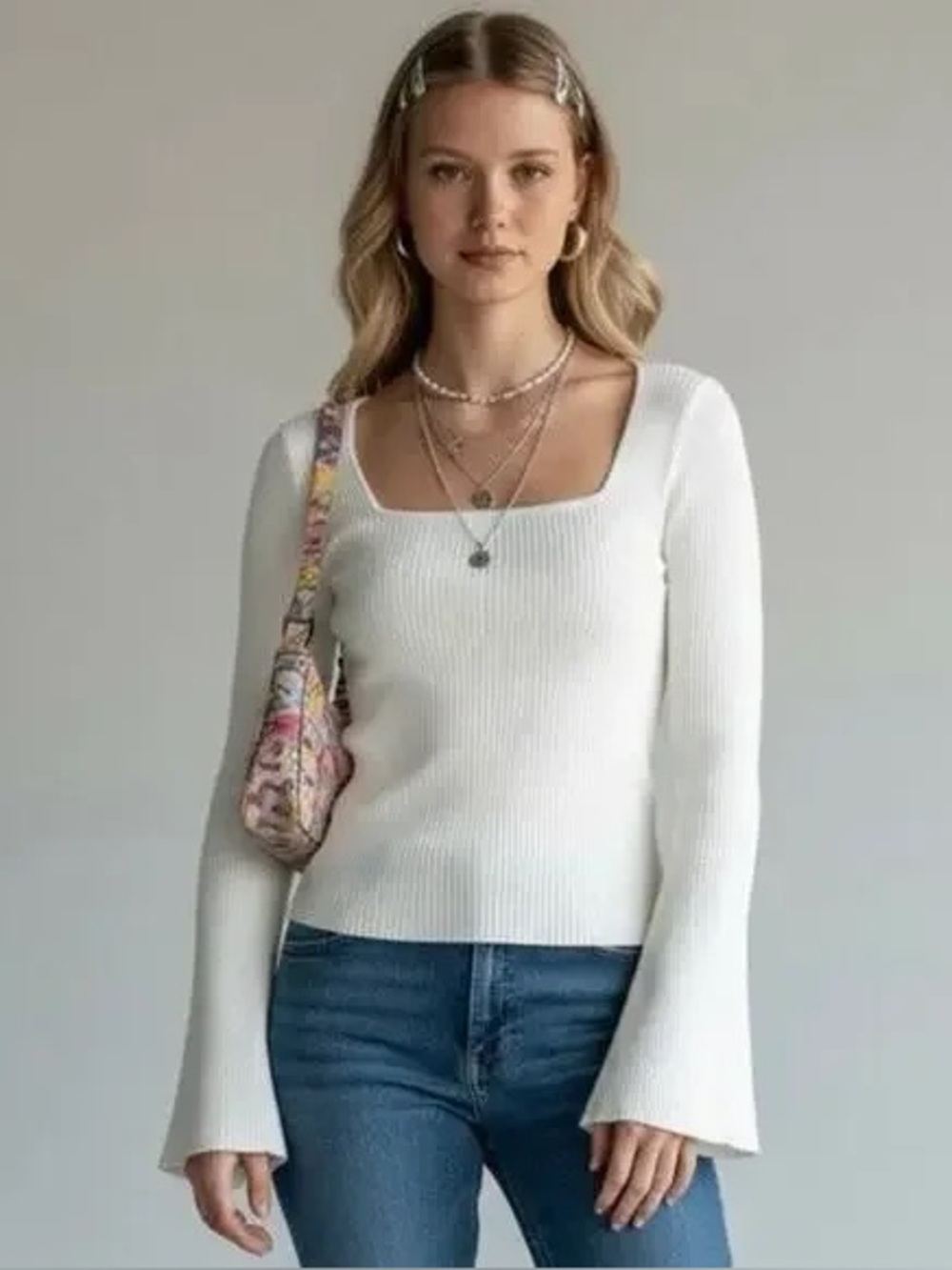 Hollister Square Neck Ribbed Bell Sleeve Babydoll Y2K Knit Top Sweater XS Cream - Picture 4 of 10